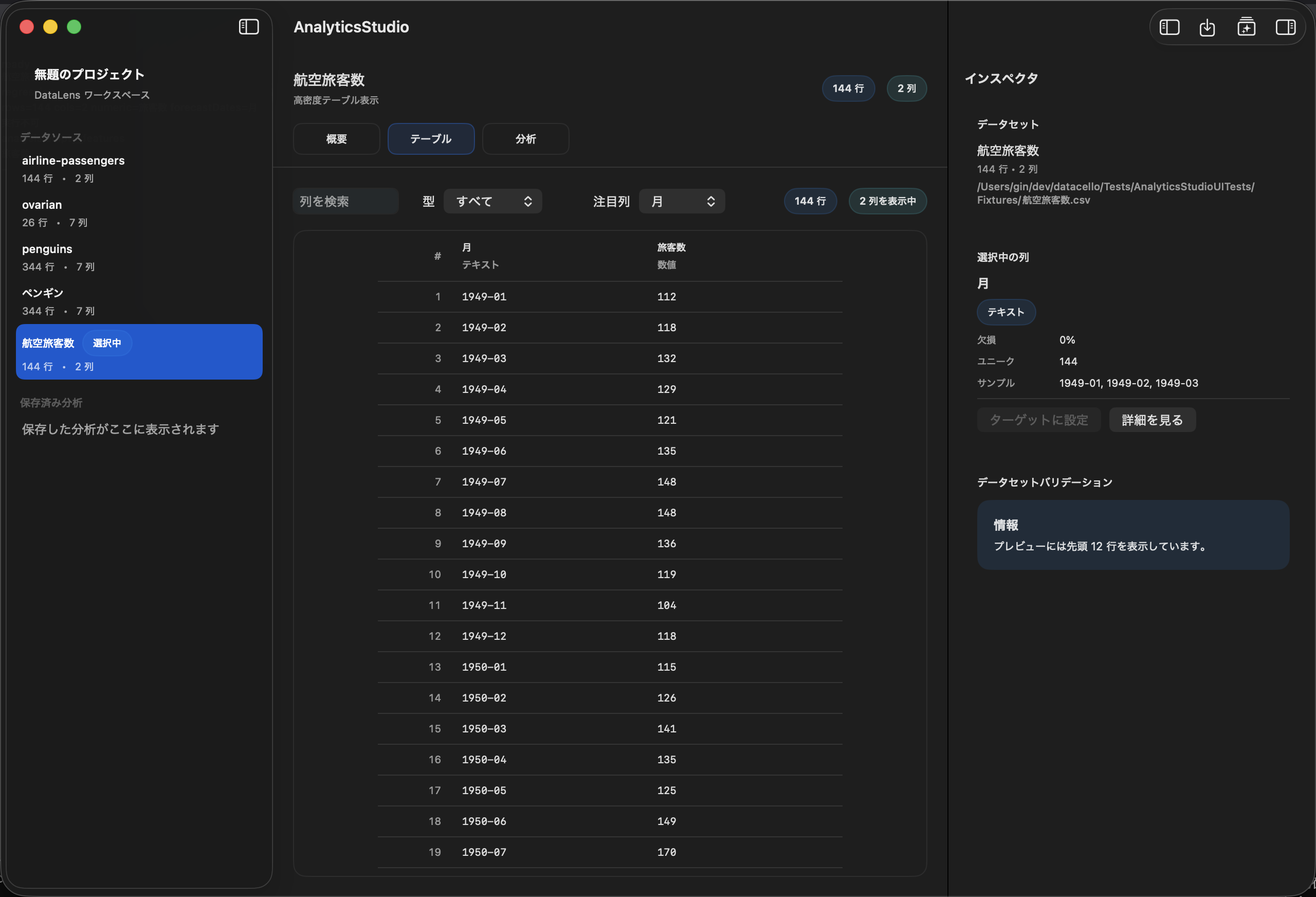 DataCello の Table 画面を日本語 UI とモックの airline-passengers データで表示した画面。
